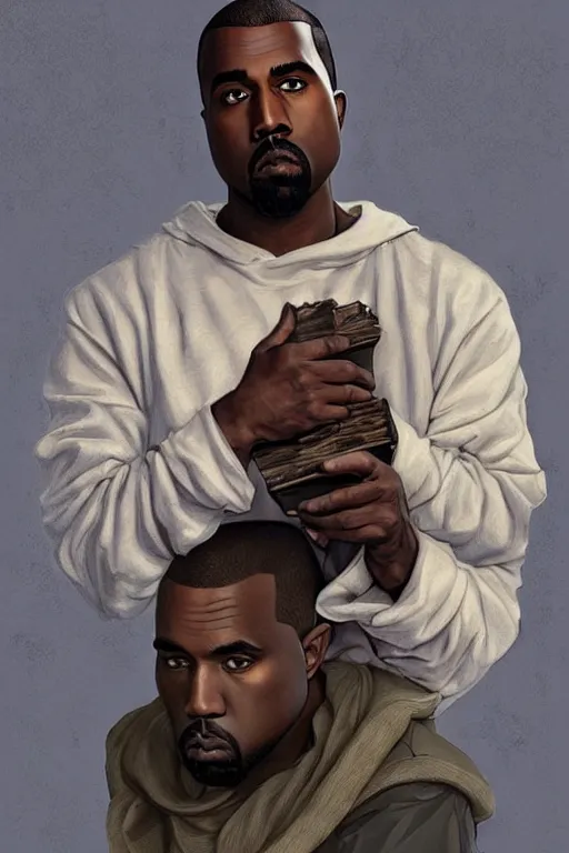 Prompt: depressed cottagecore kanye west holding a adiads shoebox. intricate, elegant. highly detailed, digital painting, artstation, concept art, smooth, sharp, focus, illustration. . art by artgerm and greg rutkowski and alphonse mucha