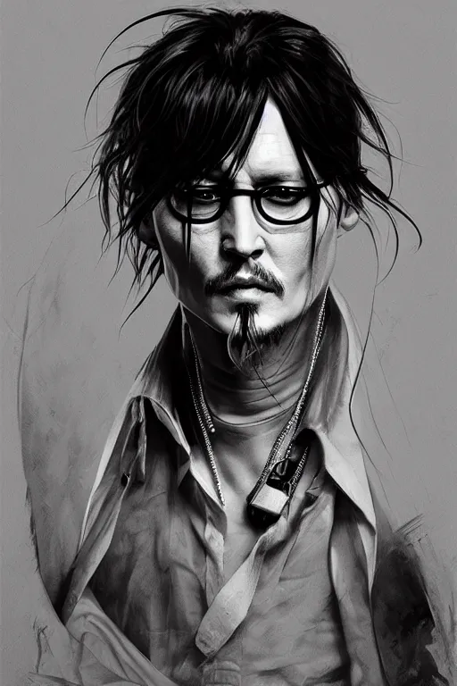 Prompt: johnny depp as uryu ishida quincy from anime bleach, dark, intricate, highly detailed, smooth, artstation, digital illustration by Ruan Jia and Mandy Jurgens and Artgerm and Wayne Barlowe and Greg Rutkowski and Zdislav Beksinski