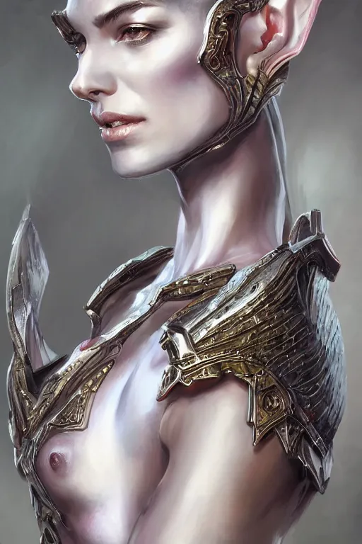 Image similar to three-quarters portrait pose of a beautiful woman, slim body, shining armor, elf warrior, fantasy, intricate, elegant, highly detailed, digital painting, artstation, concept art, matte, sharp focus,D&D, illustration, art by Artgerm and Peter Andrew Jones