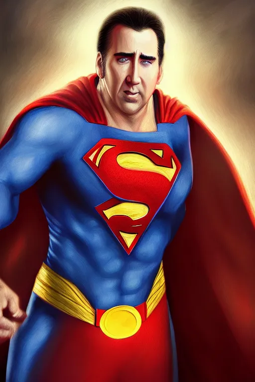 Image similar to Nicolas Cage as superman cinematic lighting, intricate, elegant, highly detailed, digital painting, artstation, painted by Artgerm and Mark Waid