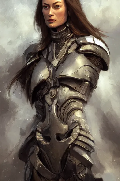 Image similar to a professional painting of a young Olivia Wilde, clothes in military armor, olive skin, long dark hair, beautiful bone structure, symmetrical facial features, intricate, elegant, digital painting, concept art, smooth, sharp focus, illustration, from StarCraft by Ruan Jia and Mandy Jurgens and Artgerm and William-Adolphe Bouguerea