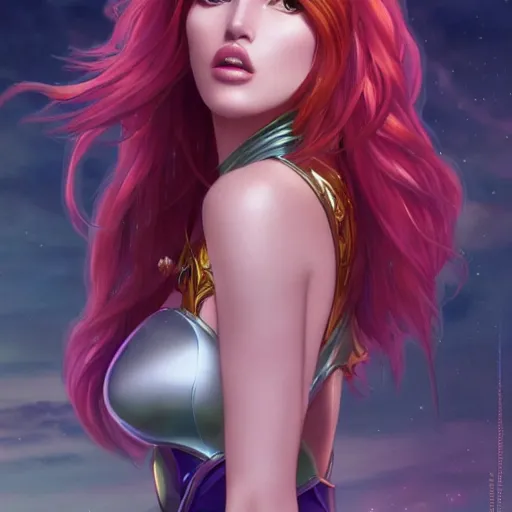 Image similar to ultra realistic illustration, bella thorne as starfire anime, intricate, elegant, highly detailed, digital painting, artstation, concept art, smooth, sharp focus, illustration, art by artgerm and greg rutkowski and alphonse mucha and wlop