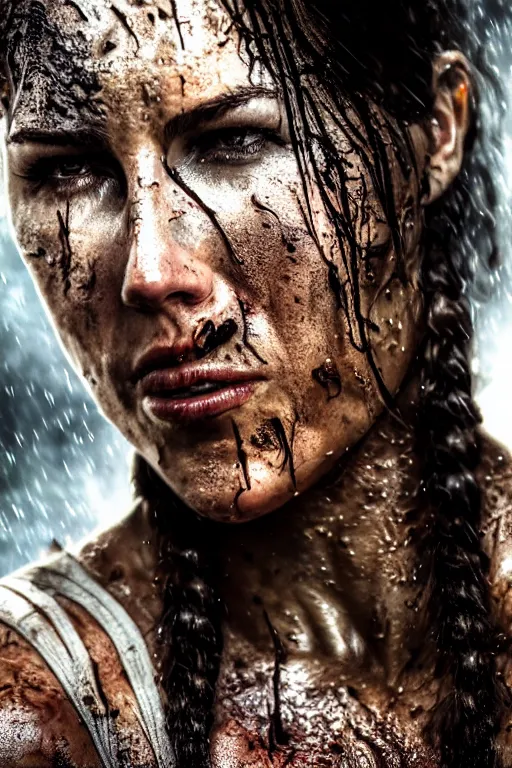 Image similar to candid action photographic portrait muscular sweat lara croft, covers with mud exhausted face close up, highly detailed, moody emotional cinematic, pouring iridescent rain, 8 k, hd, high resolution, ultra realistic faces 8 k