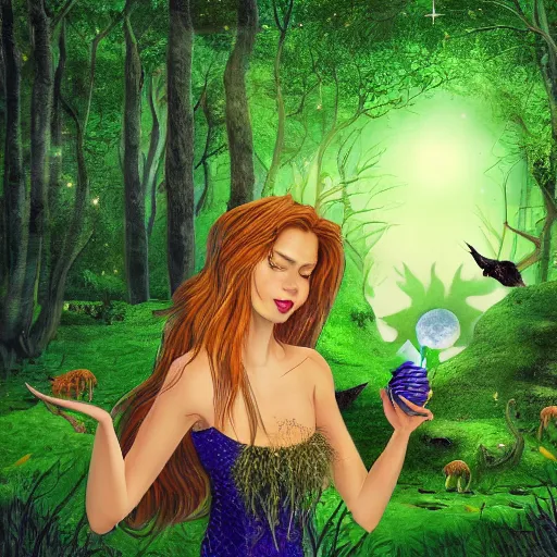 Prompt: A beautiful witch in a green forest, surrounded by different animals, drinking water from a stream, against the background of a shooting star, and a bright supernova, photo realism, 768