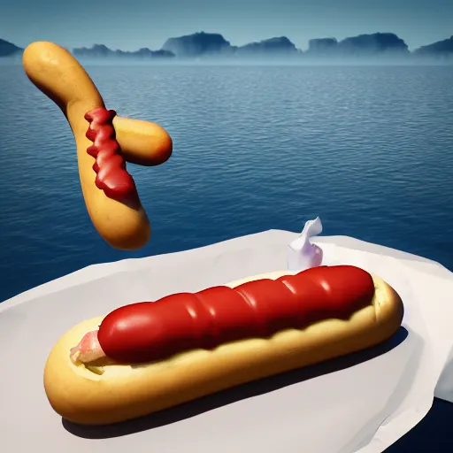 Image similar to hotdog floating in milk, surreal, photograph, photo realistic, render, low poly render