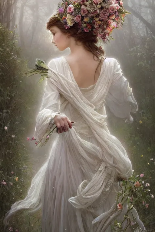 Prompt: beautiful natural bride wearing flowers in hair and carrying a rose bouquet walking down a misty path, intricate, elegant, highly detailed, digital painting, artstation, concept art, smooth, sharp focus, illustration, art by artgerm and greg rutkowski and alphonse mucha