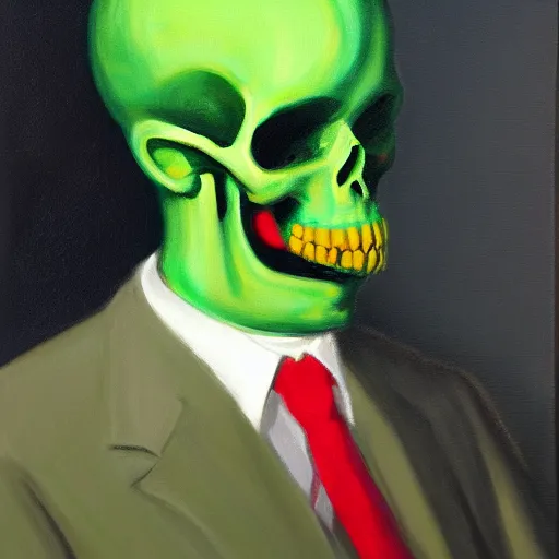 Image similar to a portrait painting of a man with a skull as his head, man is wearing a suit, the skull is green, in the style of edward hopper, 4 k,