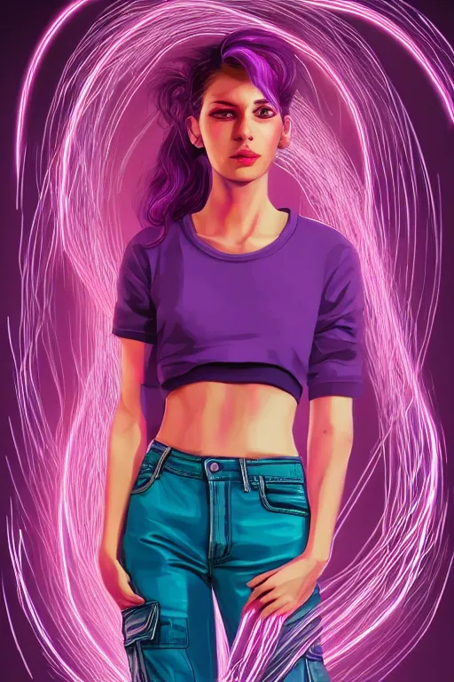 Image similar to a award winning half body portrait of a beautiful woman with stunning eyes in a croptop and cargo pants with ombre purple pink teal hairstyle and hands in pockets by thomas danthony, surrounded by whirling illuminated lines, outrun, vaporware, shaded flat illustration, digital art, trending on artstation, highly detailed, fine detail, intricate