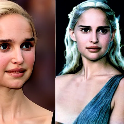 Image similar to a selfie of daenerys targaryen played by a young natalie portman with smooth skin and light violet eyes, ethereal, medium shot, detailed eyes, vivid, golden hour