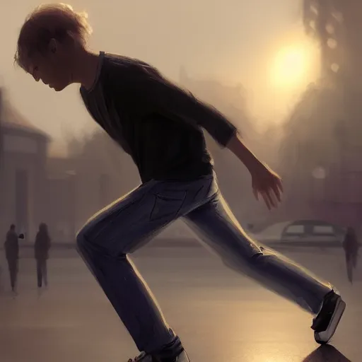 Prompt: a man skateboarding digital painting, artstation, concept art, soft light, hdri, smooth, sharp focus, illustration, intricate, elegant, highly detailed, matte painting, in the style of Greg Rutkowski, 8k, highly detailed