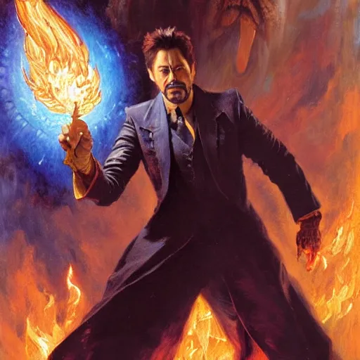 Image similar to tony stark as stunning male master wizard casting fire spell, highly detailed painting by gaston bussiere, craig mullins, j. c. leyendecker, 8 k