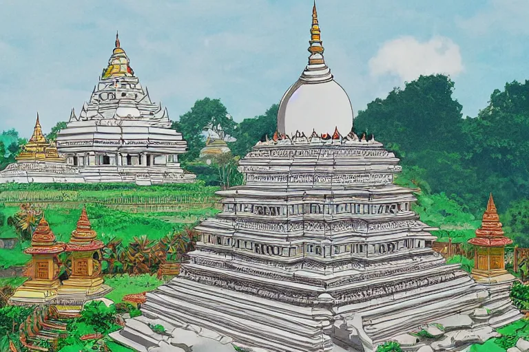 Image similar to sri lankan temple with white stupa, drawn by hayao miyazaki