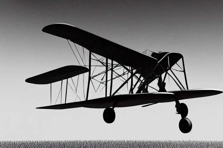 Image similar to still photo of the wright brothers taking off an airplane for the first time, black and white color photograph, highly detailed, photorealistic shot, bright studio setting, studio lighting, crisp quality and light reflections, unreal engine 5 quality render