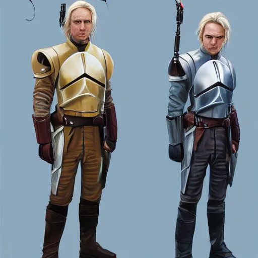 Image similar to a young blonde male jedi with short hair standing still, full body photography, extremely long shot, long shot, over the shoulder shot, ots shot, third-person shot, full-length, head-to-toe, concept art by Doug Chiang cinematic, realistic painting, high definition, concept art, the Mandalorian concept art style