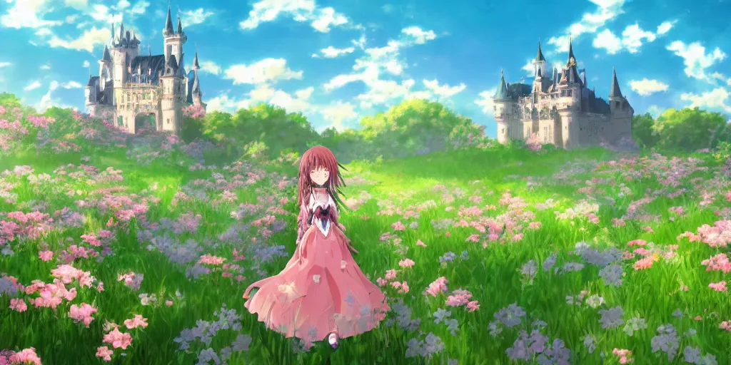 Prompt: anime girl, scenic, landscape, castle, large field of flowers, digital art