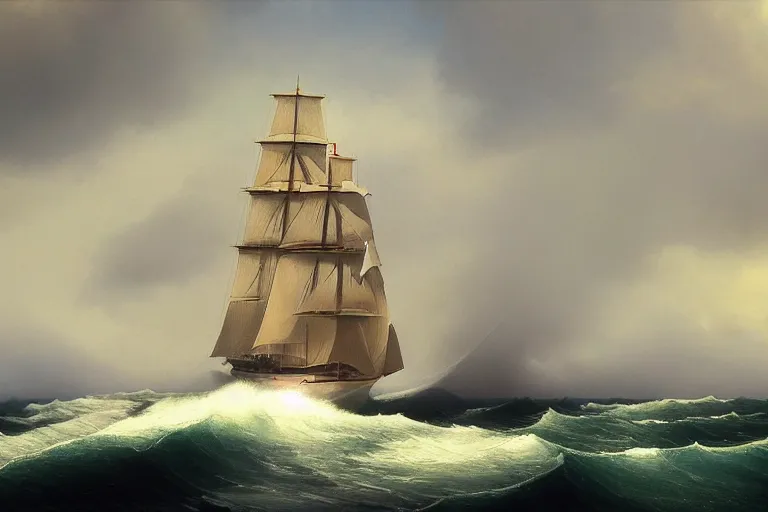 Image similar to a beautiful yacht with full sail’s, sunny day with puffy clouds and heavy waves, low camera angle, in style of Aivazovsky, epic lighting, ultra realistic, 4k, hyper details, cinematic, sharp edges,