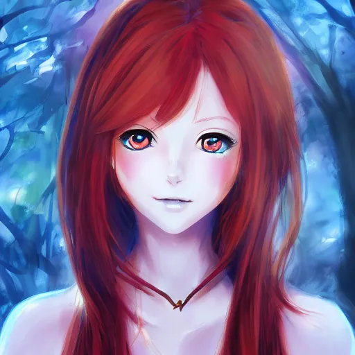 Prompt: portrait of a beautiful cute redhead from anime with big blue eyes, fantasy, intricate, elegant, highly detailed, digital painting, trending on pixiv, concept art, smooth, sharp focus, illustration, landscape on background