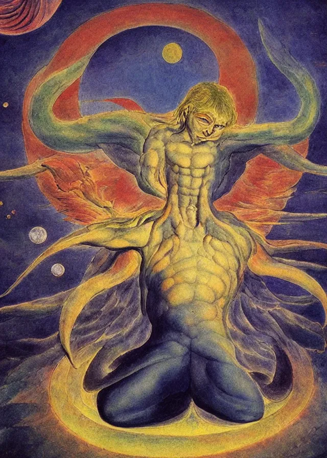 Image similar to Lucifer of the lunar mythos mercurial (surreal) fallen celestial, award winning oil painting by William Blake, chromatic aberration polychromatic color palette radiant colors