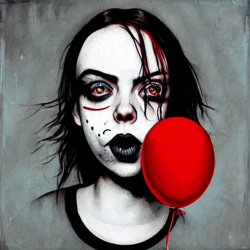 Image similar to grunge painting of billie eilish with her face split down the middle with a wide smile and a red balloon by chris leib, loony toons style, pennywise style, corpse bride style, horror theme, detailed, elegant, intricate