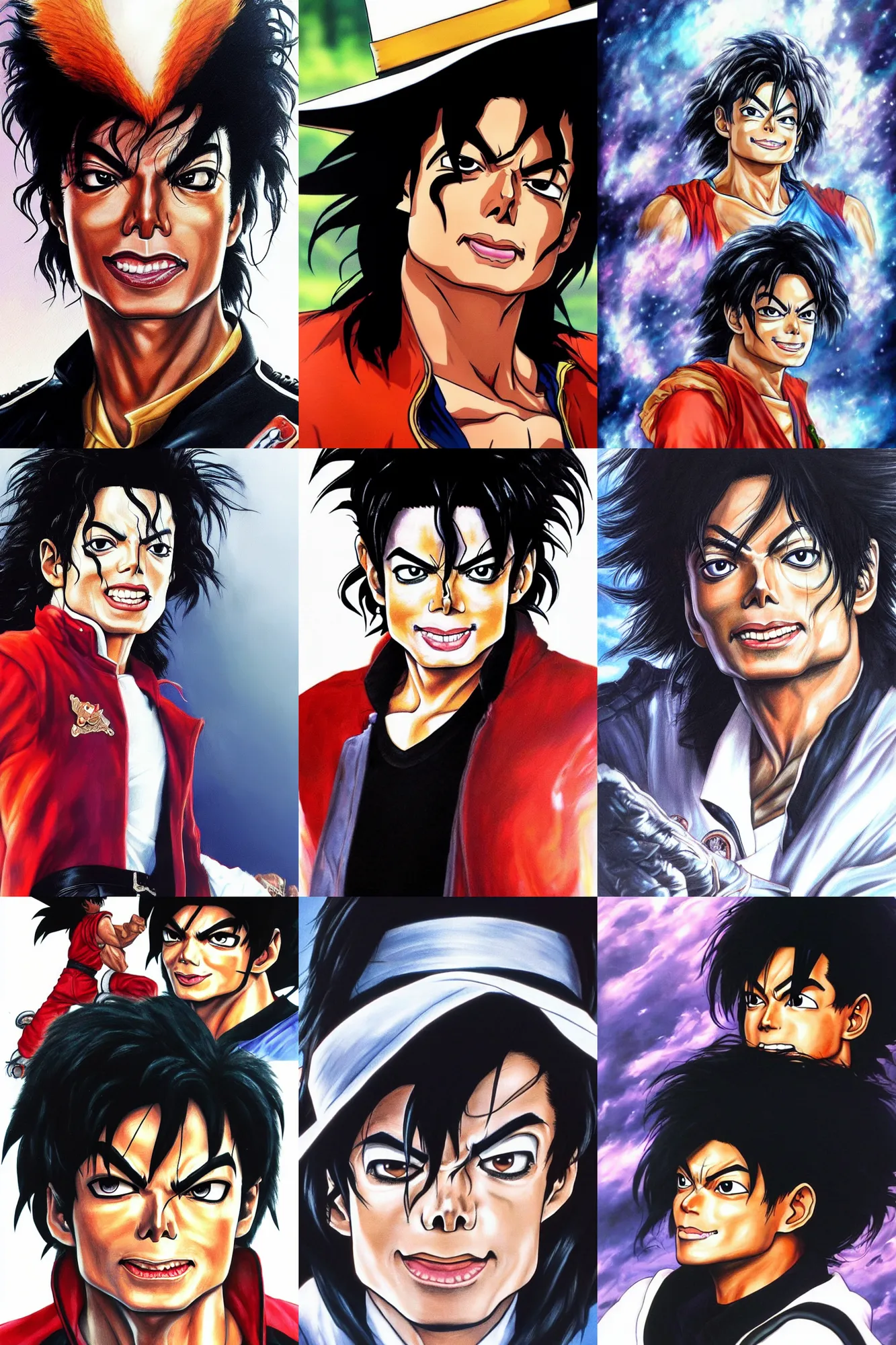 Prompt: michael jackson!!realistic !big face close up concept art of michael jackson as a dragon ball character, beautiful landscape, 4k anime character illustration by akira toriyama, artstation