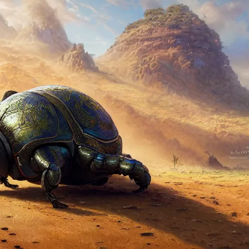 Prompt: a dung beetle pushing planet earth up a hill, ultra realistic, concept art, intricate details, highly detailed, photorealistic, octane render, 8 k, unreal engine. art by artgerm and greg rutkowski and magali villeneuve and alphonse mucha