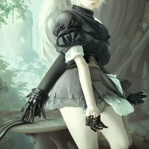 Image similar to 2B, android, nier automata, elaborate emotive Baroque and Rococo styles to emphasize beauty as a transcendental, 8k image, ultra-realistic, the style of WLOP