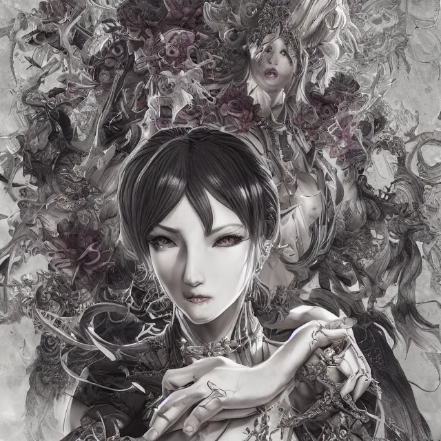 Prompt: the portrait of chaotic evil female necromancer as absurdly beautiful, gorgeous, elegant, young gravure idol, an ultrafine hyperdetailed illustration by kim jung gi, irakli nadar, intricate linework, bright colors, octopath traveler, final fantasy, unreal engine 5 highly rendered, global illumination, radiant light, detailed and intricate environment