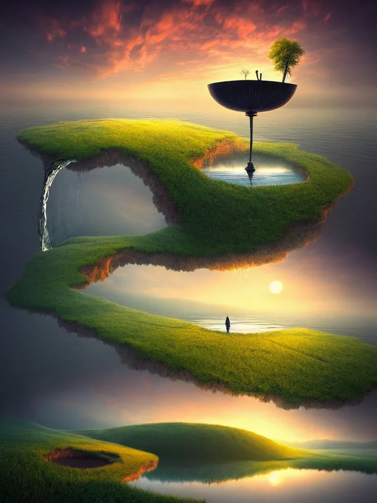 Image similar to a surreal landscape at sunset with a immense gigantic ornated iron chalice cup with a lake inside, water in excess dropping by gediminas pranckevicius