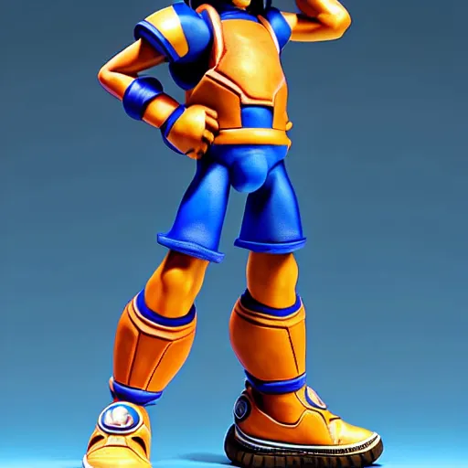 Image similar to realistic scultpure of sneaker design, sneaker design megaman capcom style mixed with aztec mayan native street fashion, painted by akira toriyama and studio ghibli princess mononoke megaman capcom