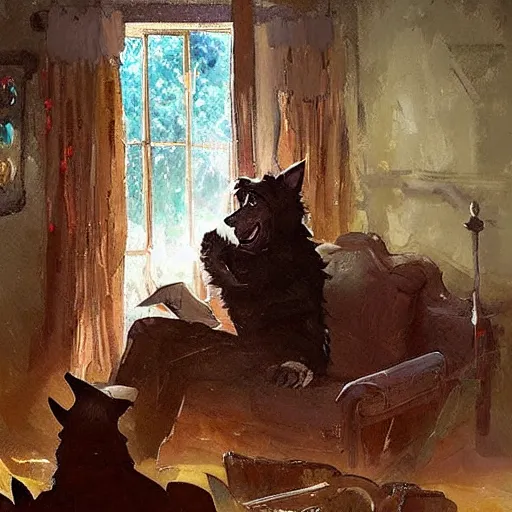 Image similar to a humanoid german shepherd beast - man, sitting and watching a soccer match in his house on television, he has hurt his knee and is a dad, by erin hanson, alexi zaitsev, karl spitzweg, award winning, tv set