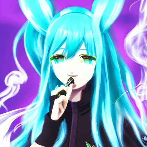 Image similar to hatsune miku smoking weed with a vape pen, smoke coming out of her mouth, bloodshot eyes, artstation, 4 k