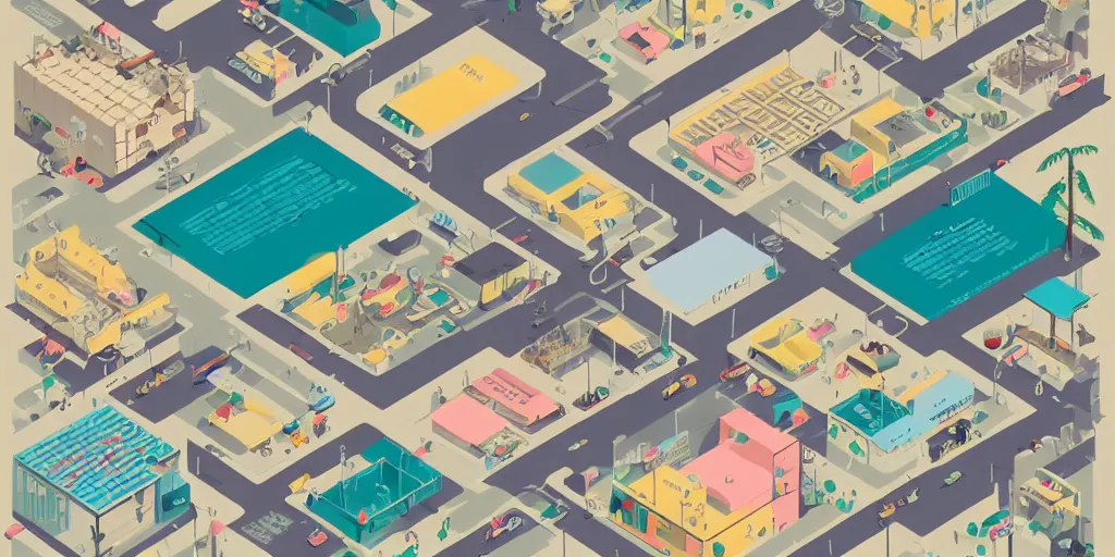 Image similar to getting ready for work axonometric pastel infographic by Wes Anderson