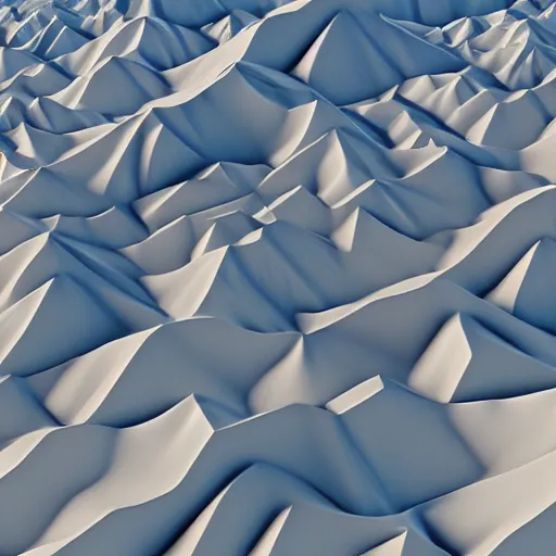 Image similar to abstract computer generated image of a mountain range from a birds eye view perspective, a low poly render by Gabriel Dawe, surrealism, trending on polycount, generative art, low poly, rendered in cinema4d, terragen