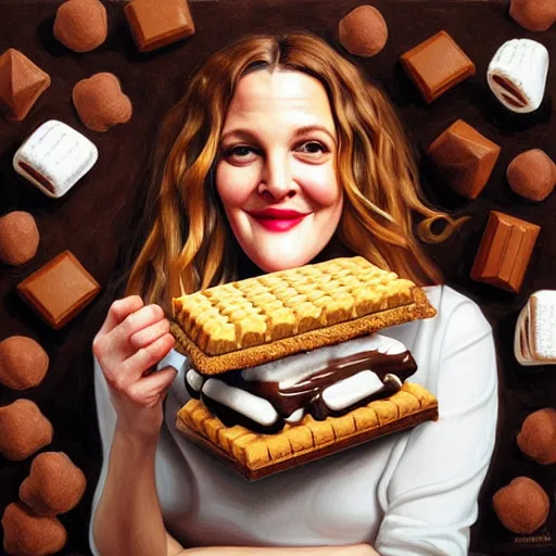 Image similar to drew barrymore in a smore, chocolate, marshmallow graham cracker, digital painting by arcimboldo, rhads