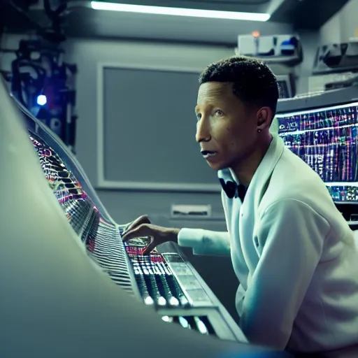 Image similar to cinematic sci-fi film still of Pharrell Williams Making A Beat with alien intelligence, Japanese VFX, 2018, 400mm lens, f1.8, shallow depth of field,film photography