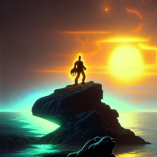 Image similar to tron yoda in front sunset, cliffside ocean scene, backlit, diffuse lighting, hyper realistic, elegant, intricate, hyper detailed, smooth, sharp focus, concept art, illustration, trending on artstation, art by artem demura, greg rutkowski, james gurney, and alphonse mucha