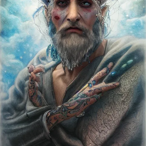 Image similar to an Artstation 3d render of Very very very very highly detailed beautiful mystic portrait of a phantom sorcerer with galaxy, tattoos by Anton Pieck, intricate, extremely detailed, digital painting, artstation, concept art, smooth, sharp focus, illustration, intimidating lighting, incredible art,