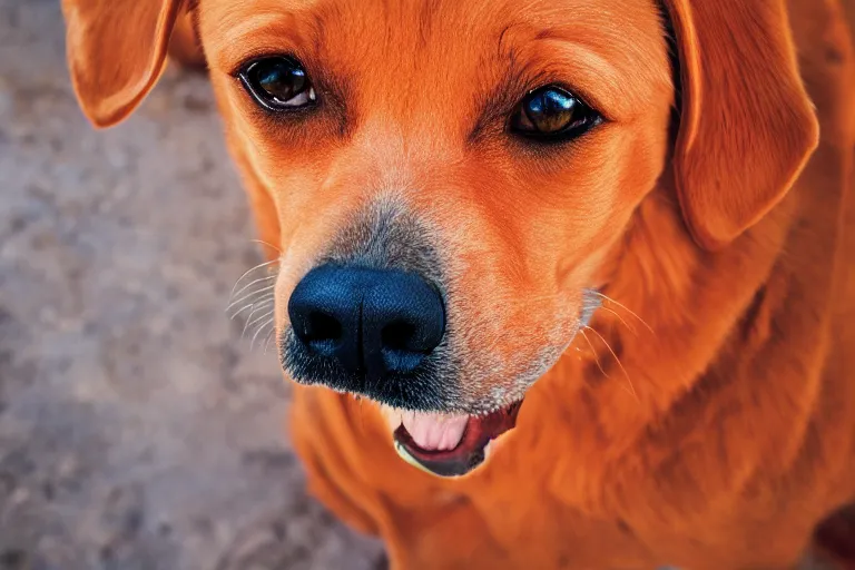 Image similar to closeup potrait of orange dog with crazy bulging eyes, licking its own nose, photograph, natural light, sharp, detailed face, magazine, press, photo, Steve McCurry, David Lazar, Canon, Nikon, focus