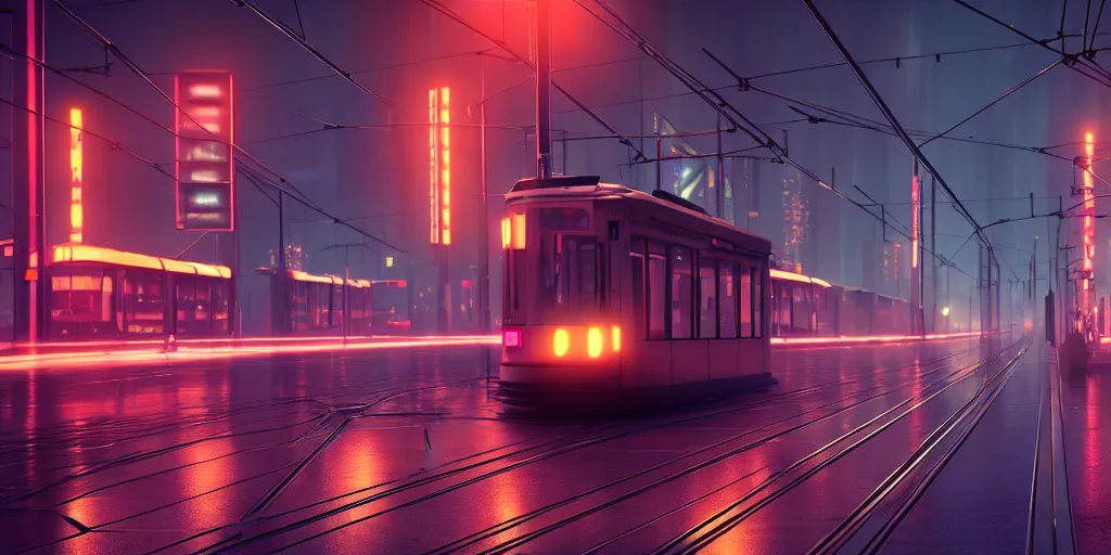 Image similar to tram on viaduct crossing the city at night time ， blade runner 2 0 4 9, 4 k resolution, ultra wide angle, cinematic, octane render