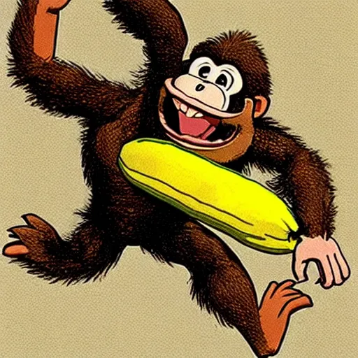 Prompt: Donkey Kong slips on a banana, medieval textbook art
