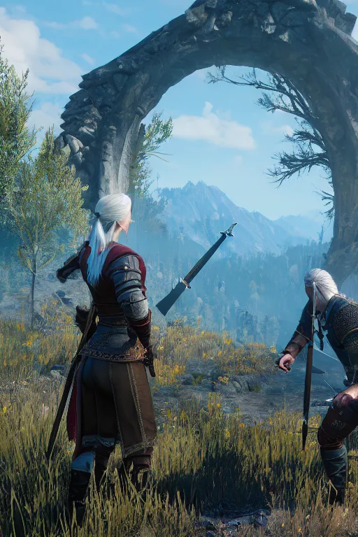 Prompt: witcher 3 ciri and geralt opening a portal to middle - earth, 8 k, highly detailed, unreal engine