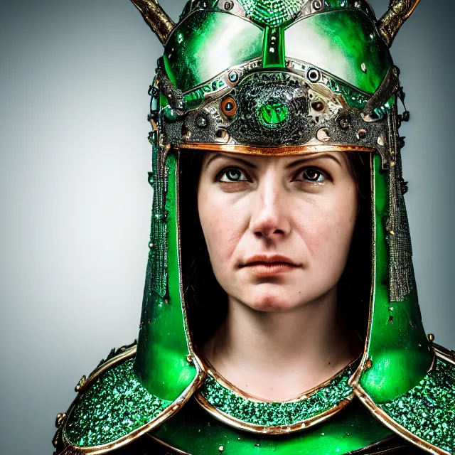 Image similar to photo of a beautiful warrior queen wearing emerald encrusted armour, highly detailed, 8 k, hdr, smooth, sharp focus, high resolution, award - winning photo