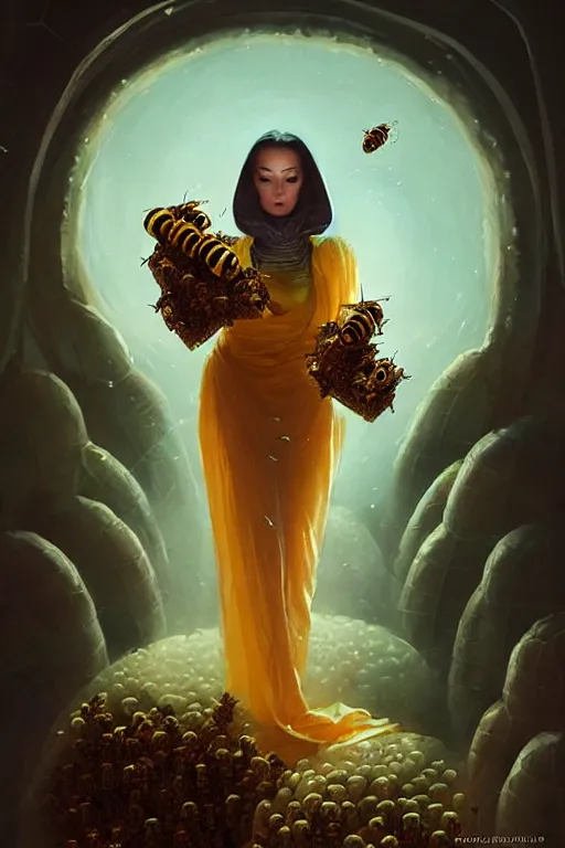 Image similar to fantasy beekeeper, stunning woman, wearing nanotech honeycomb robe, silky, surrounded by bees, cinematic, greg rutkowski, peter mohrbacher