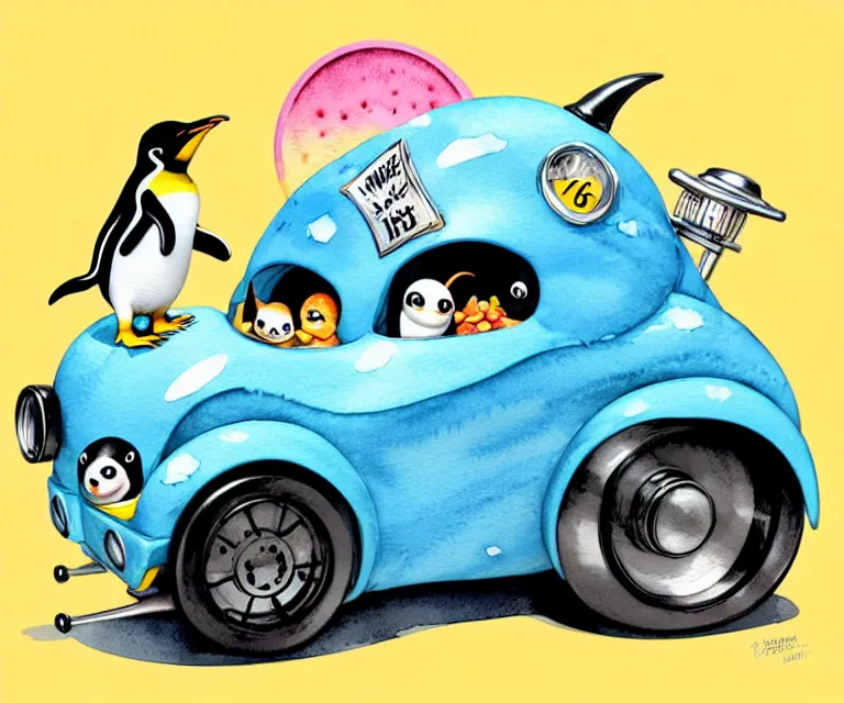 Image similar to cute and funny, penguin riding in a tiny hot rod with an oversized engine, ratfink style by ed roth, centered award winning watercolor pen illustration, isometric illustration by chihiro iwasaki, edited by range murata, tiny details by artgerm and watercolor girl, symmetrically isometrically centered, sharply focused