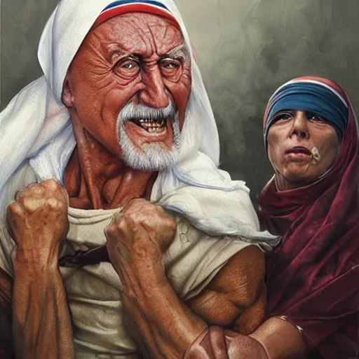 Image similar to a hyper realistic painting of mother theresa and hulk hogan, by greg rutkowski and santiago caruso,