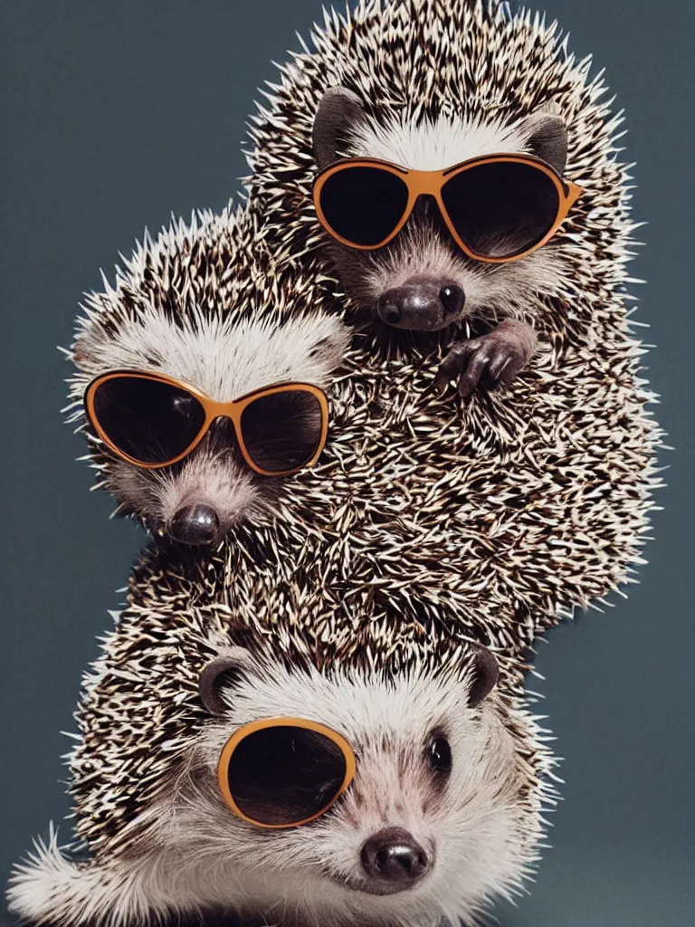 Prompt: a hedgehog with sunglasses in a fashion magazine cover