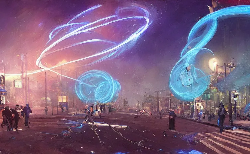 Image similar to people with posters attacking cops, a huge blue spiral - shaped white luminous attractor is floating on the horizon near the sun, stores in los angeles with light screens all over the street, concept art, art for the game, professional lighting, dark night lighting from streetlights, by ilya repin