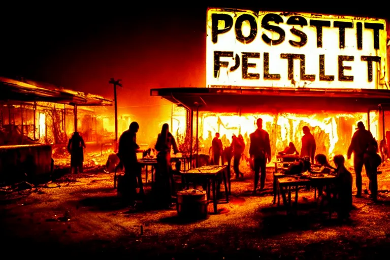 Prompt: post apocalyptic dinner being used as a shelter, dystopian, fire, people huddled, night, neon sign, rust