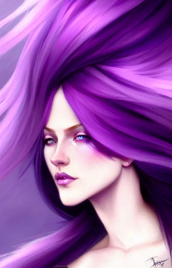 Image similar to Purple hair relistic Portrait of a woman with bright colored flying hair, all shades of purple. Hair coloring, long hair, blue eyes, fantasy, intricate, elegant, highly detailed, digital painting, artstation, concept art, smooth, sharp focus, illustration, art by artgerm and greg rutkowski and alphonse mucha