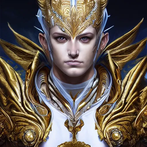 Image similar to a beautiful male angel wearing a white chrome armor with golden ornaments and diamonds jewelry by alex gray and android jones, karol bak, ayami kojima, amano, concept art, character design, fantasy, 3 d, 8 k resolution